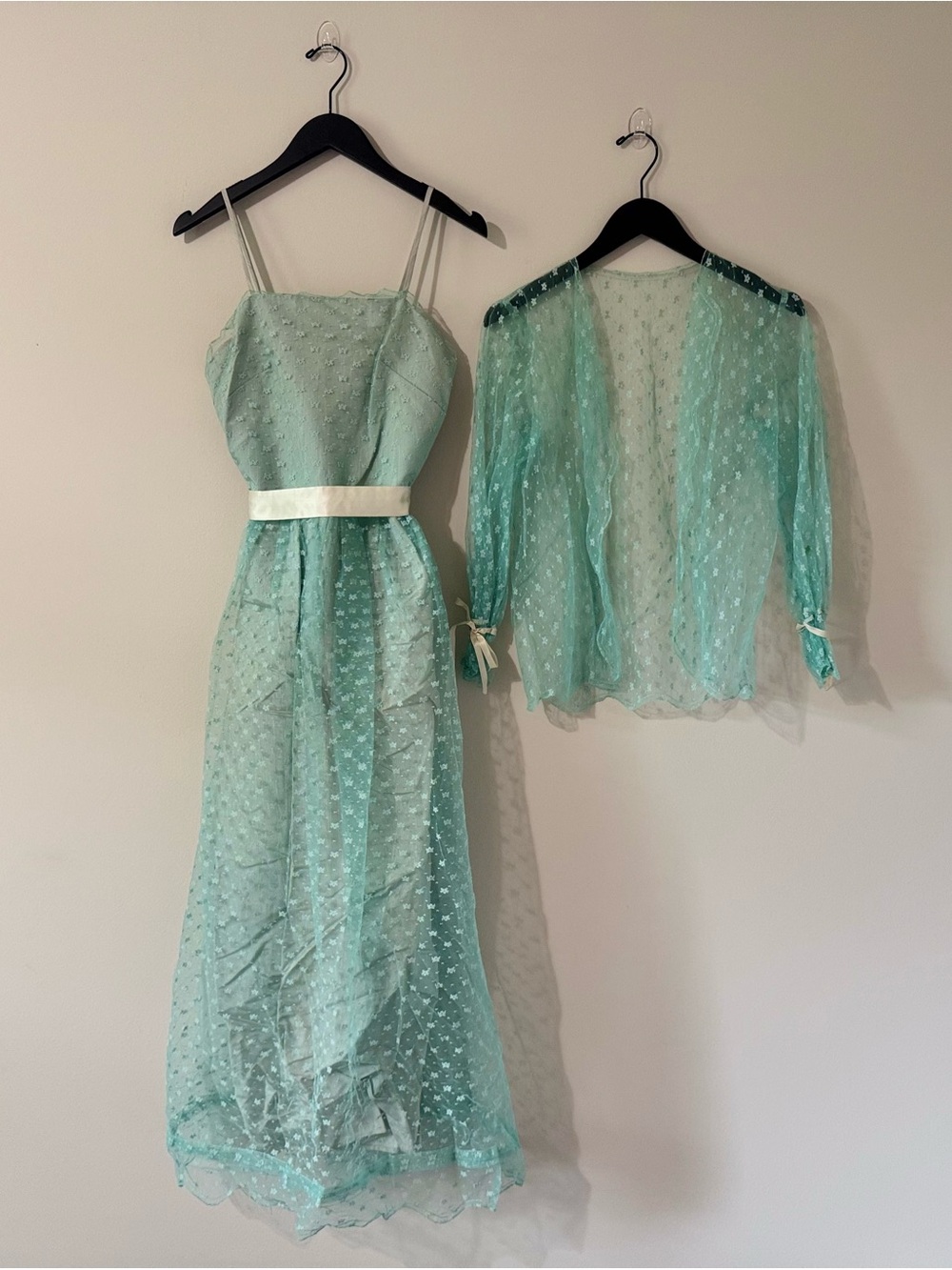 Vintage 1980 Aqua Mint Polka Dot Organza Dress & Sheer Jacket Set